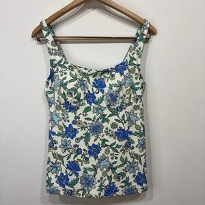 Lands End Womens Floral Square Neck Tankini Swim Top Blue Green Beach Size 10